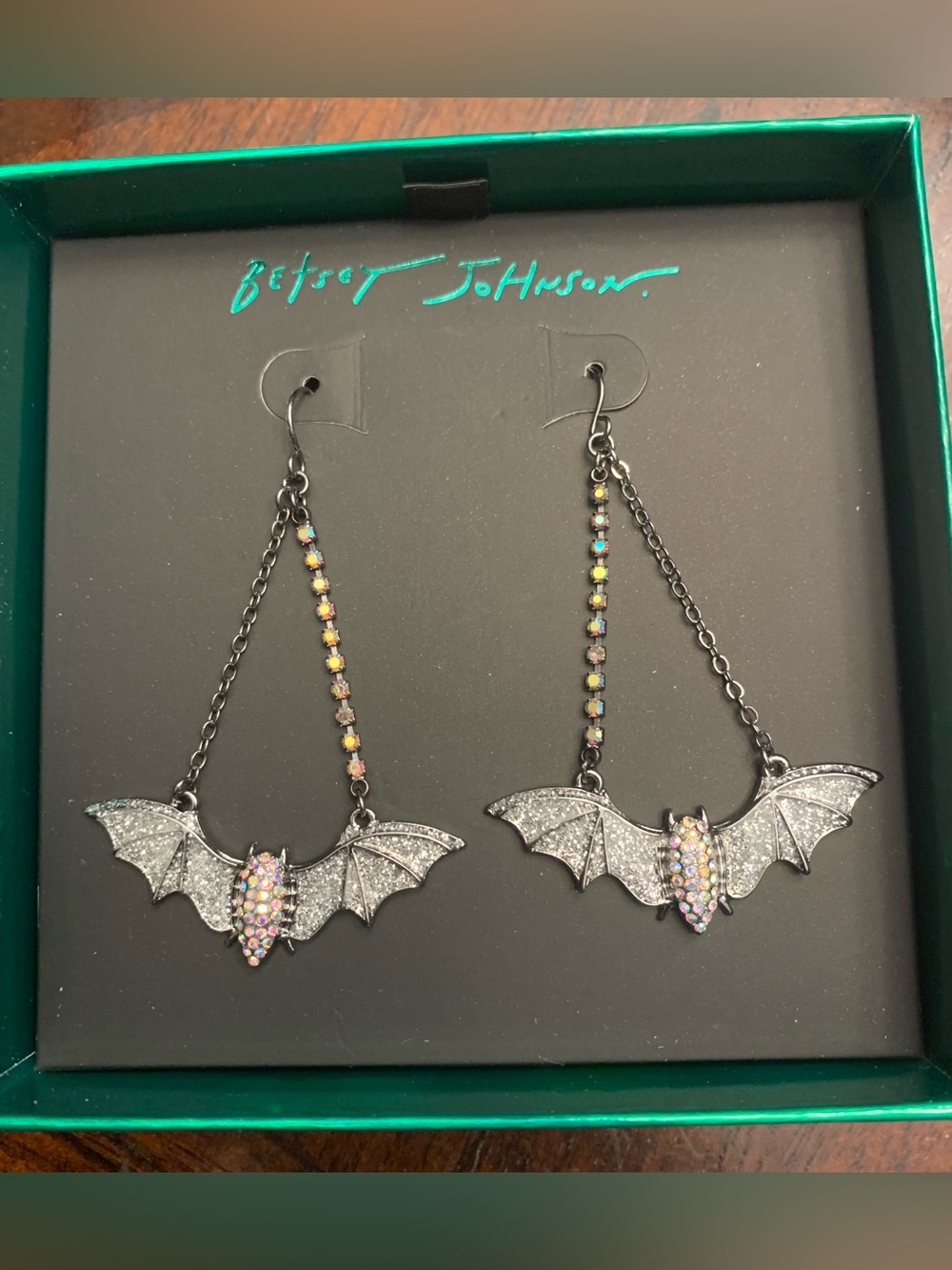Betsey Johnson Black Bat Dangle Earrings with Iridescent Crystals